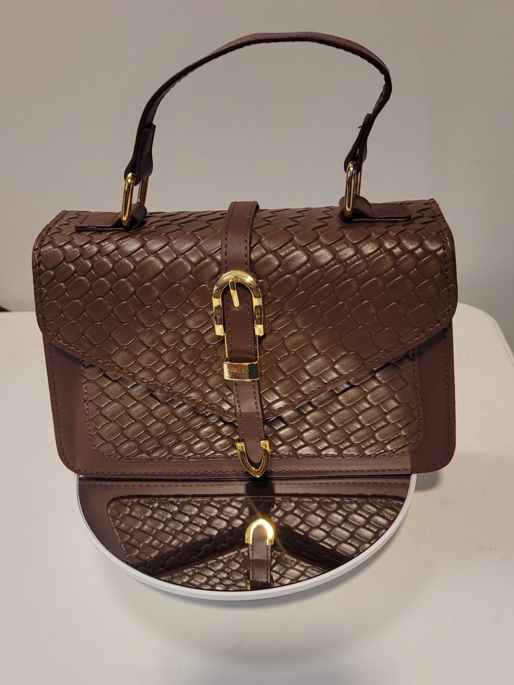 Woven Brown Top-Handle Satchel with Gold Accent